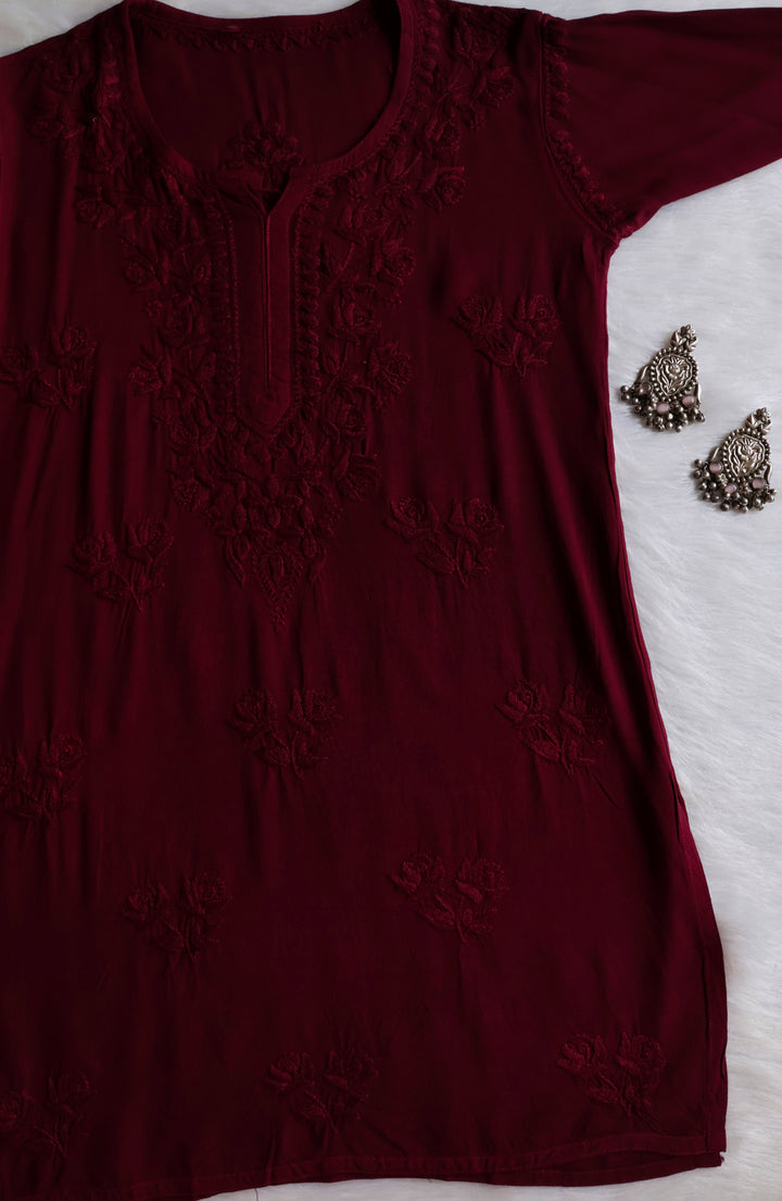 Gul Maroon Short Rayon Kurta - Noor Chikankari