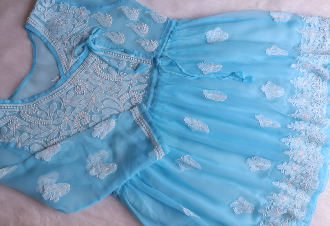 Sky Blue & White Georgette Angrakha frock