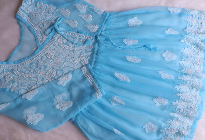 Sky Blue & White Georgette Angrakha frock