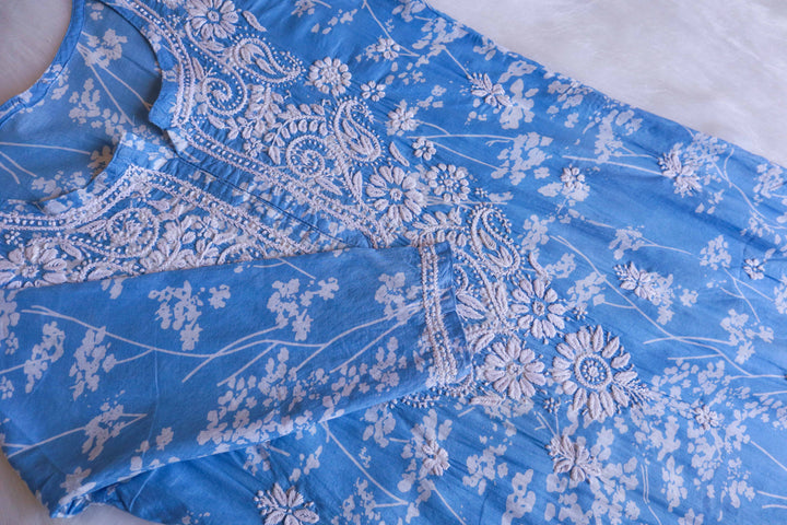 Farhaa Ice Blue Floral Long MulMul kurta