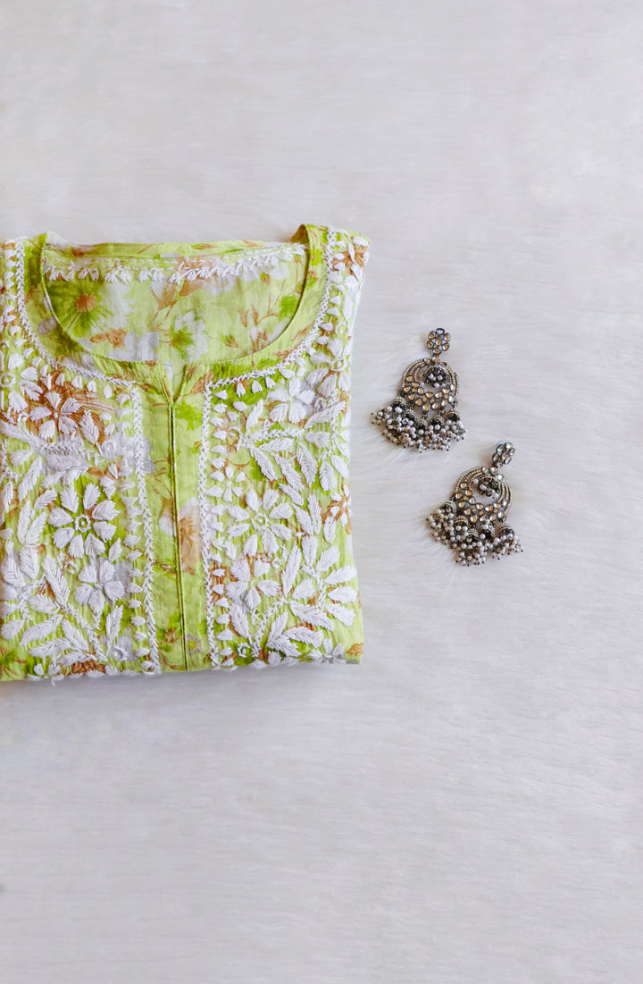 Hedaya Green Floral Long MulMul kurta