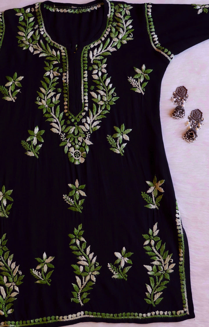 Maaham Black & Olive Green Short Rayon Kurta - Noor Chikankari