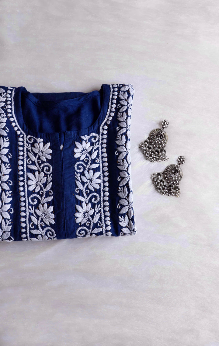 Alizah Navy Blue Linen Chanderi Mukaish Kurta