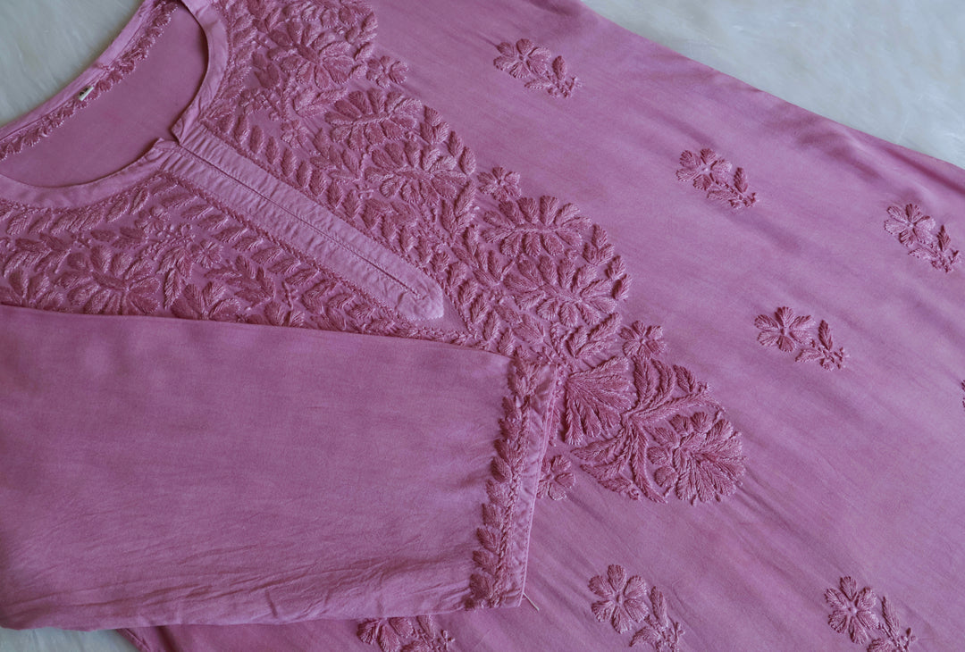 Amirah Dusty Lavender Ombre Long Rayon Kurta - Noor Chikankari
