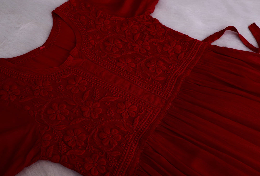 Aafiyat Pure Muslin Maroon Chikankari Fit and Flare dress