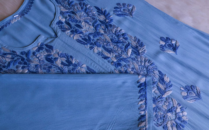 Nuresa Ice Blue Ombre Thread Long Rayon Kurta