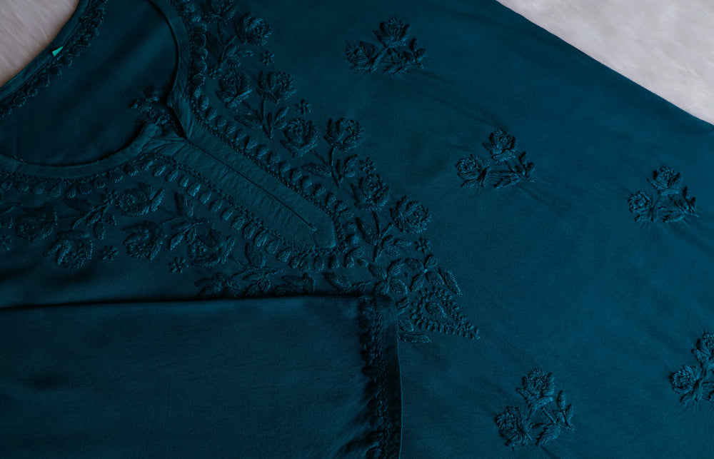 Gul Sea Blue Short Rayon Kurta - Noor Chikankari