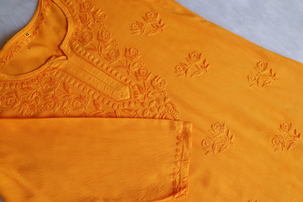 Gul Mango Yellow Short Rayon Kurta - Noor Chikankari