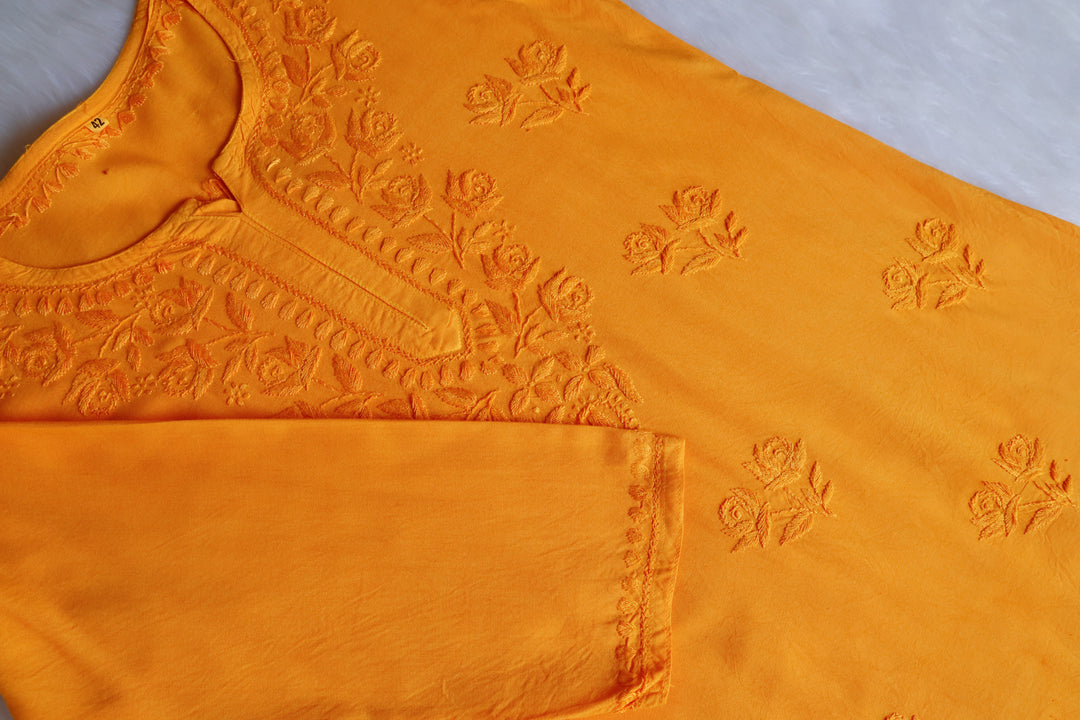 Gul Mango Yellow Short Rayon Kurta - Noor Chikankari