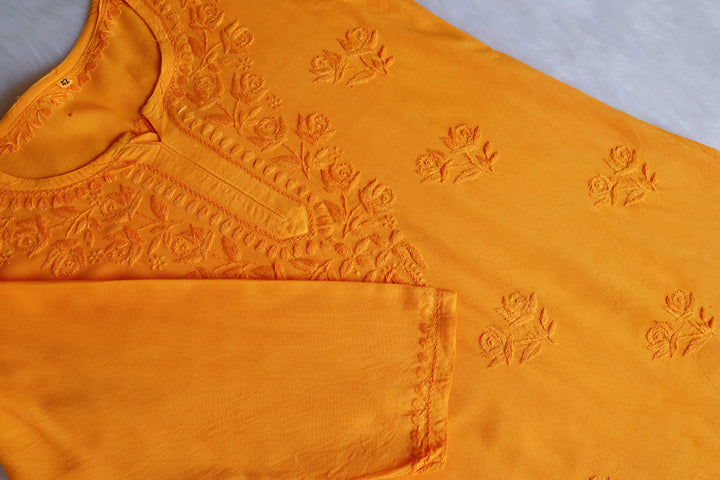 Gul Mango Yellow Short Rayon Kurta - Noor Chikankari