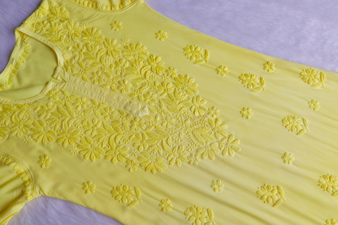Gul Pastel Yellow Scalloped Long Rayon Kurta