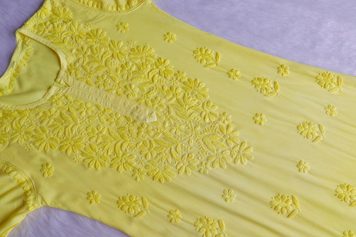Gul Pastel Yellow Scalloped Long Rayon Kurta