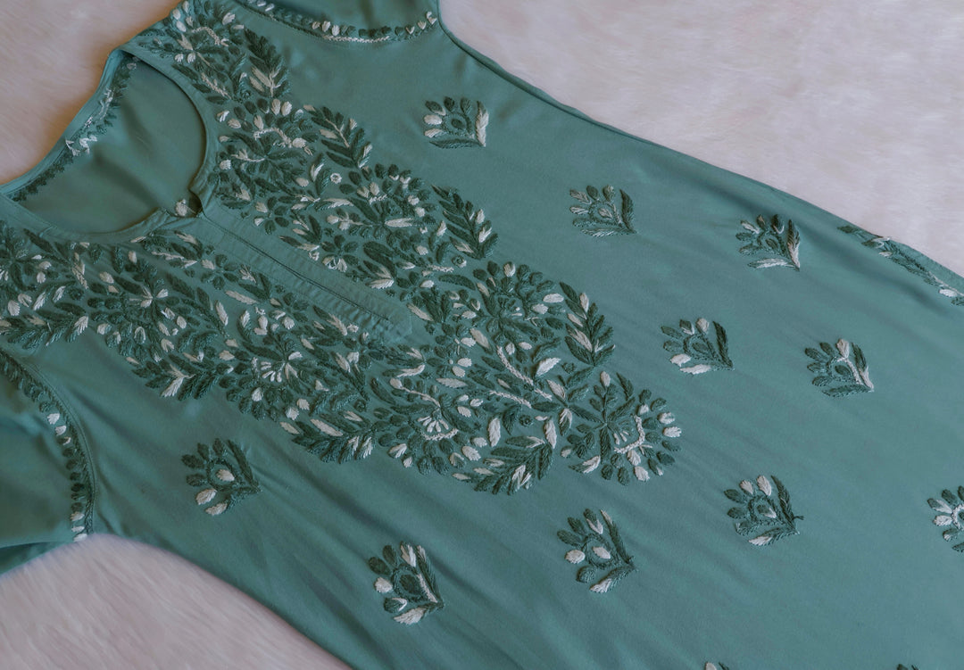 Nuresa Sage Green Ombre Thread Long Rayon Kurta - Noor Chikankari