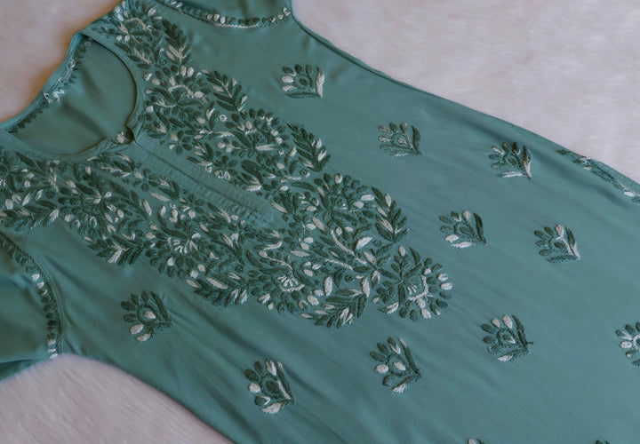 Nuresa Sage Green Ombre Thread Long Rayon Kurta - Noor Chikankari