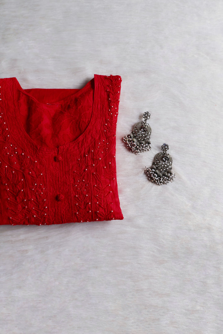 Red Long Jacquard Pearl Cotton kurta