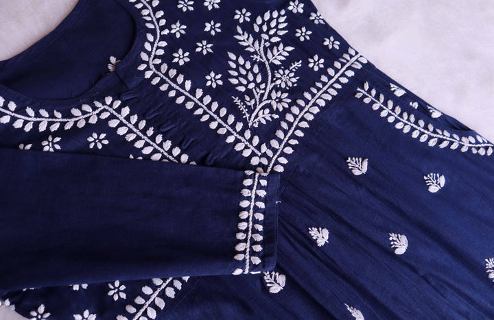 Safaa Navy Blue & White Linen Kurta