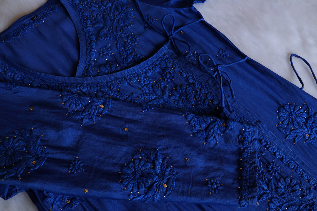 Noor Royal Blue Pure Chanderi Silk Angarakha