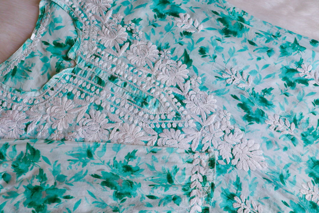 Abhira Mint Green Pure Mulmul set - Noor Chikankari