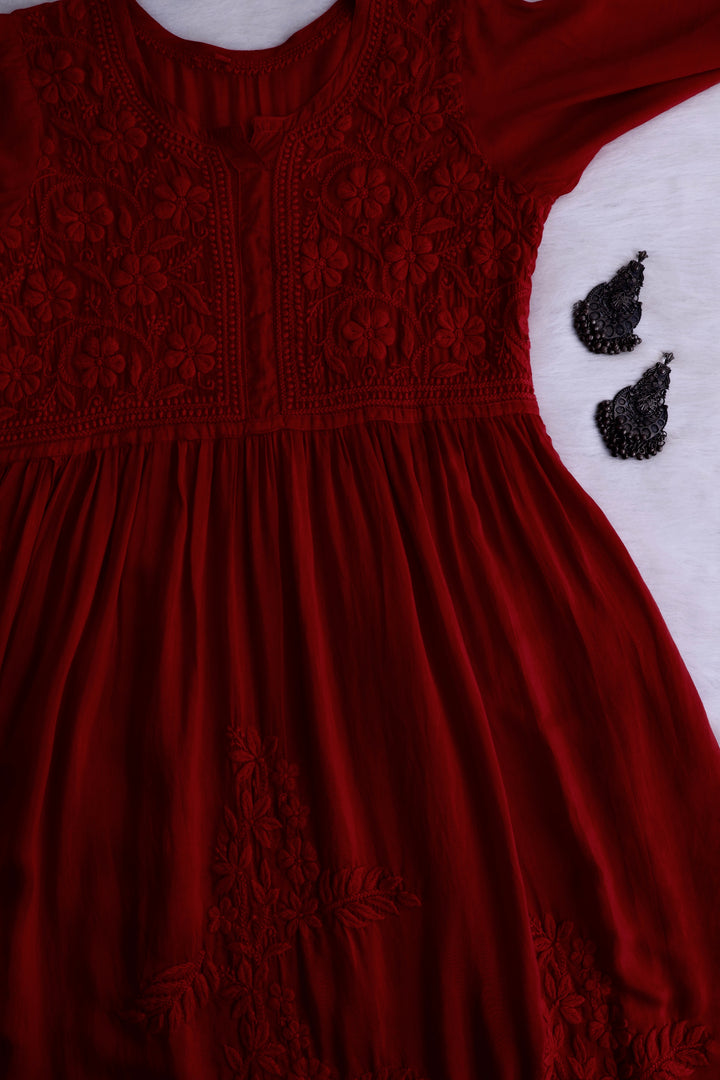 Aafiyat Pure Muslin Maroon Chikankari Fit and Flare dress