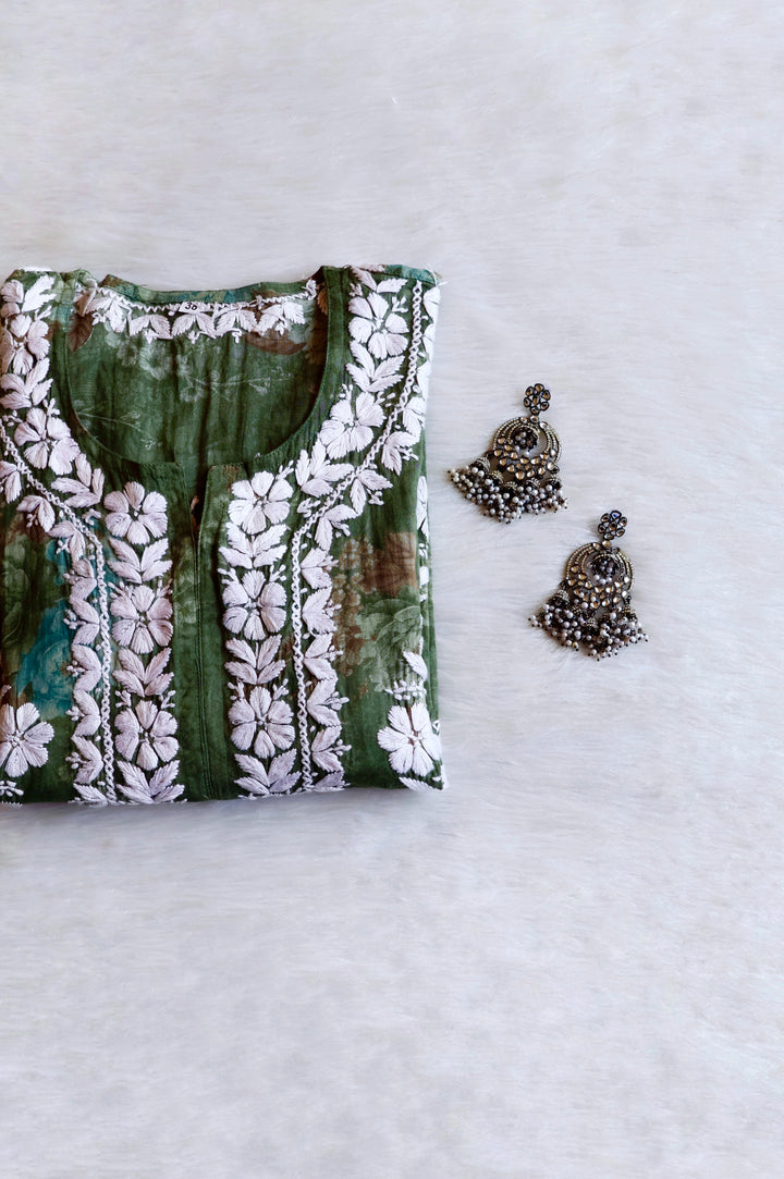 Dahlia Premium Green Floral Long MulMul kurta