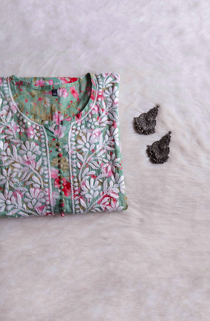 Abiha Green & Pink Floral Luxe MulMul kurta