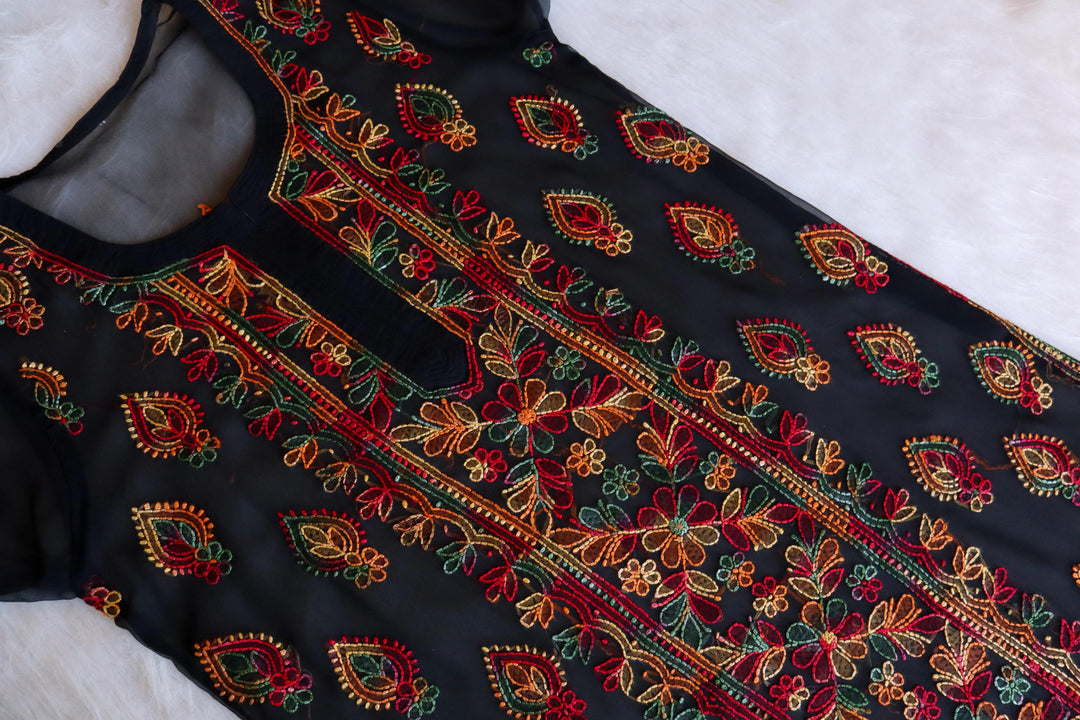 Mannat Black & Multicoloured Georgette Kurta