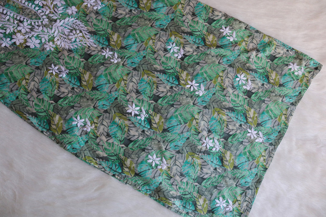 Zahra Green Floral Long MulMul kurta