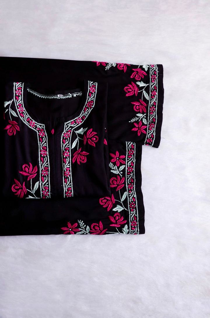 Gul Kashmiri Black & Deep Pink Modal Kurta Set