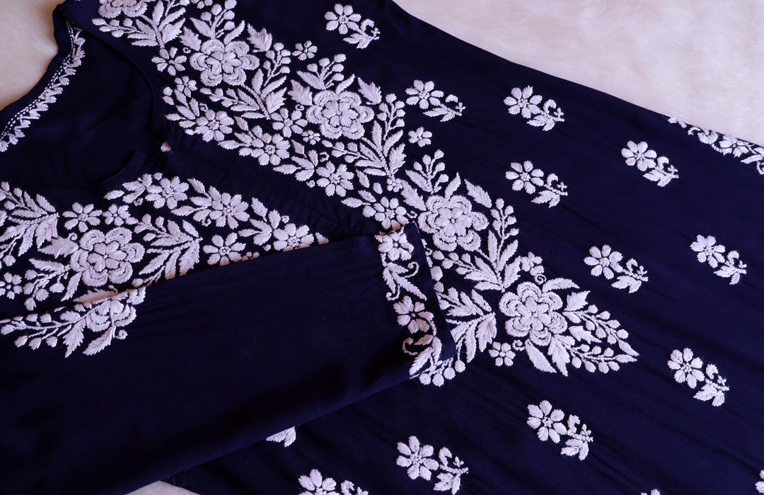 Benafsha Navy Blue Rayon Kurta Pant set