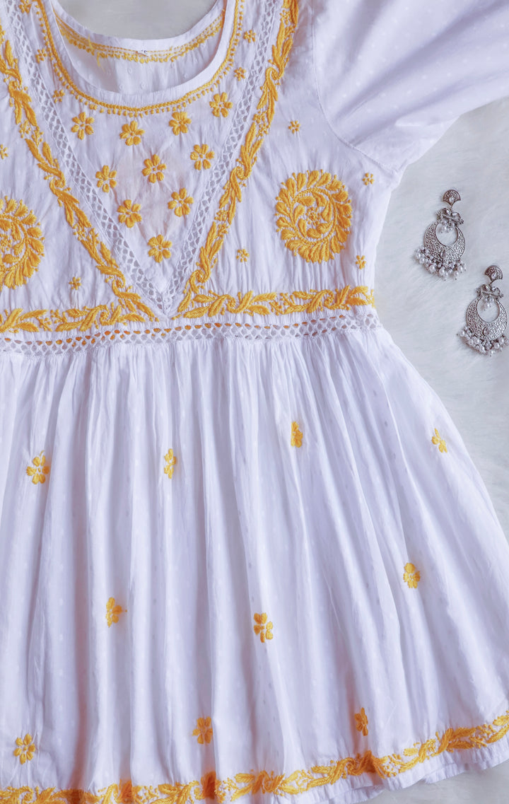 Nazakat White & Pastel Yellow Cotton Peplum kurta