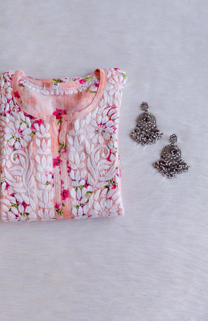 Gul Peach Floral Long MulMul Kurta