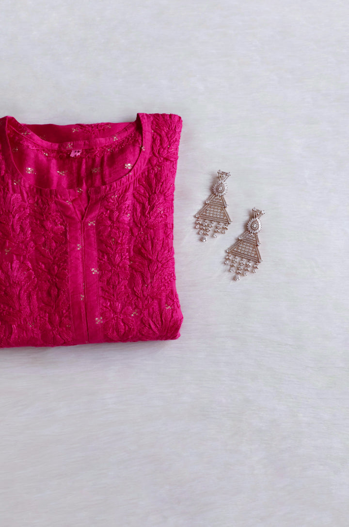 Nazakat Deep Pink Premium Long Chanderi Kurta