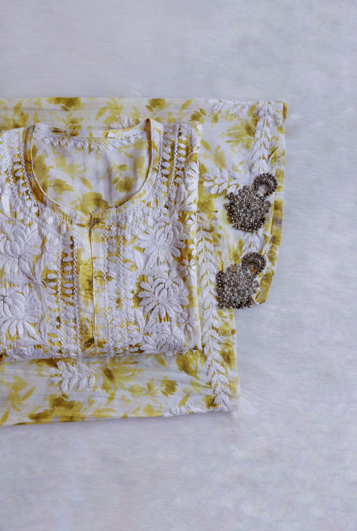 Abhira Olive Green Pure Mulmul set - Noor Chikankari