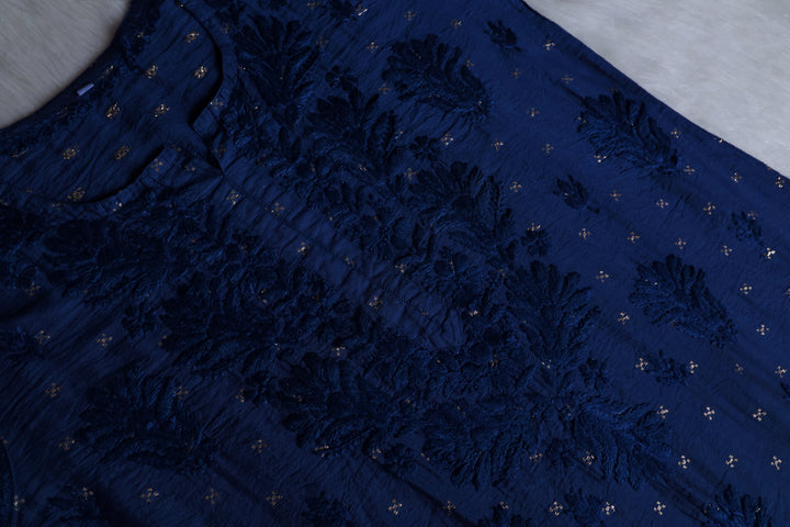 Nazakat Royal Blue Premium Long Chanderi Kurta