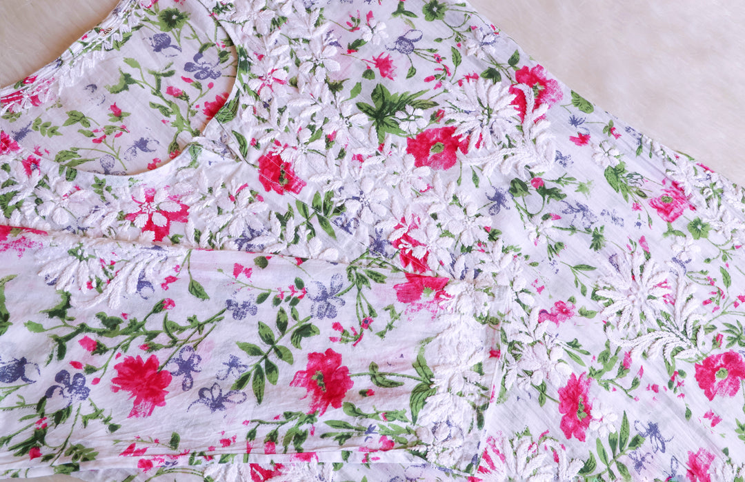 Amna White & Pink Floral Long MulMul kurta