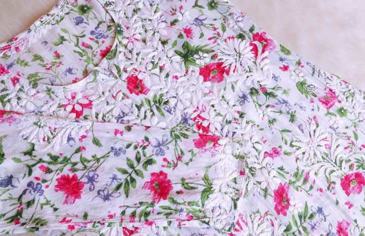 Amna White & Pink Floral Long MulMul kurta