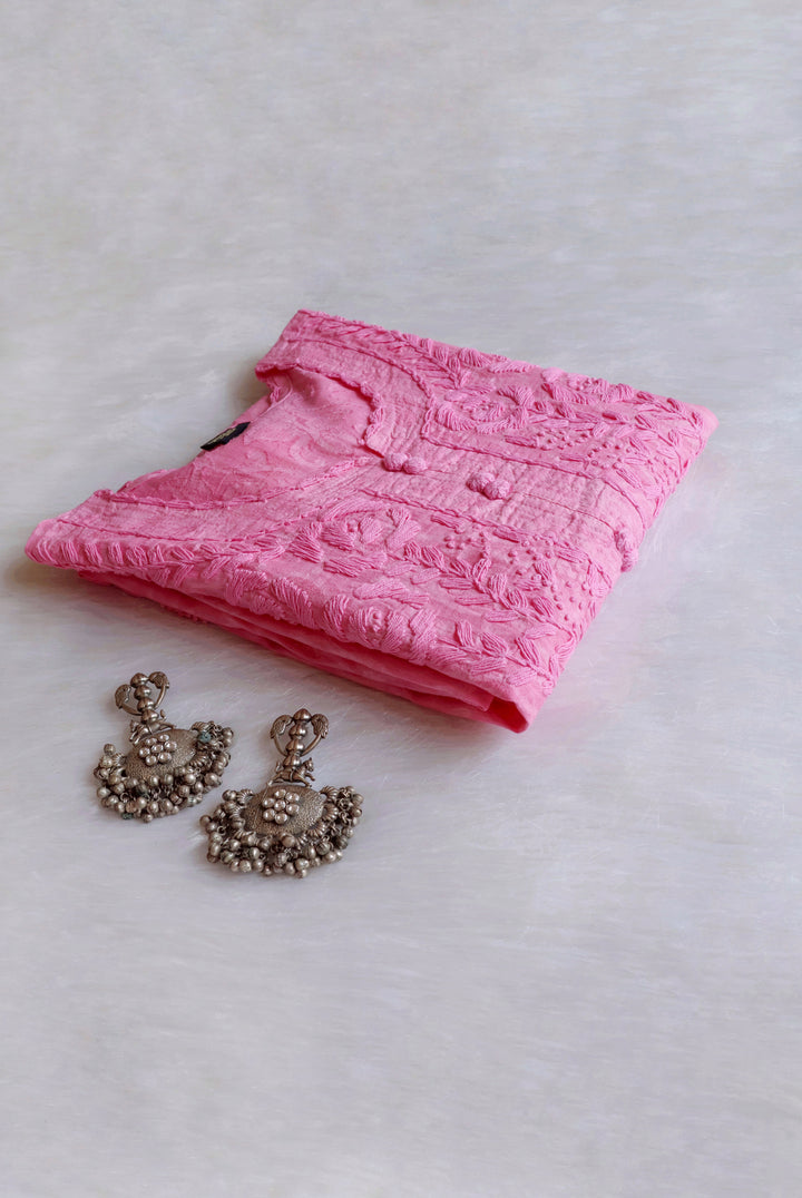 Baby Pink Long Cotton Jacquard Lace kurta - Noor Chikankari