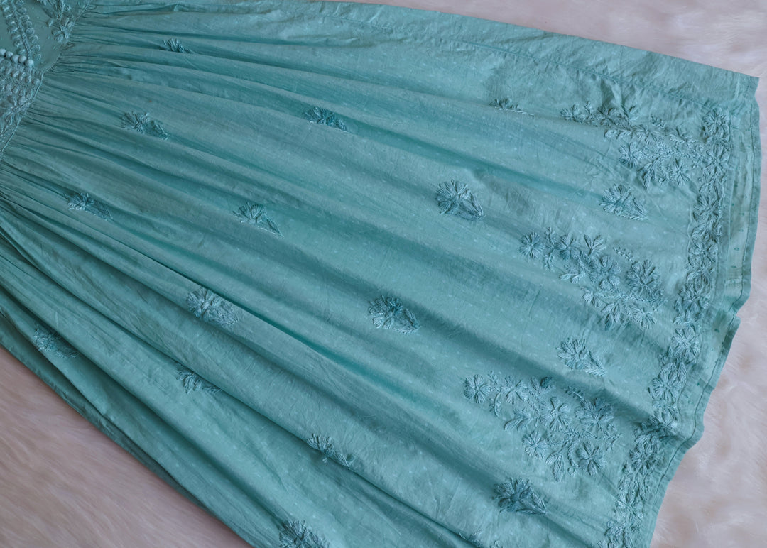 Nazakat Sage Green Pure Cotton Angarakha Dress - Noor Chikankari