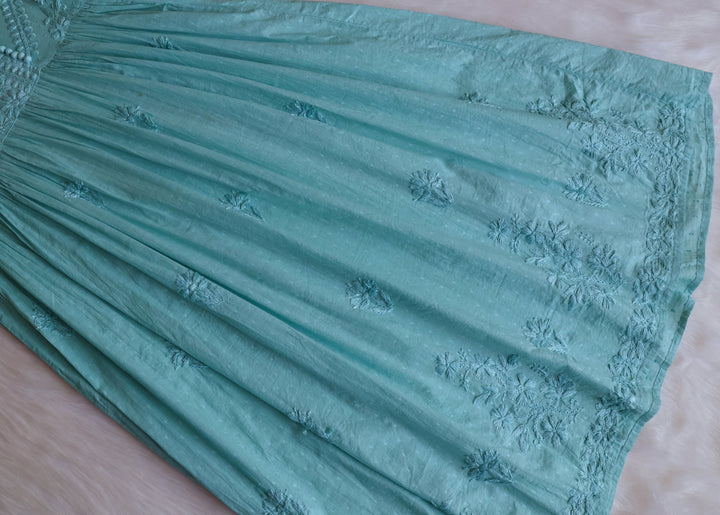 Nazakat Sage Green Pure Cotton Angarakha Dress - Noor Chikankari