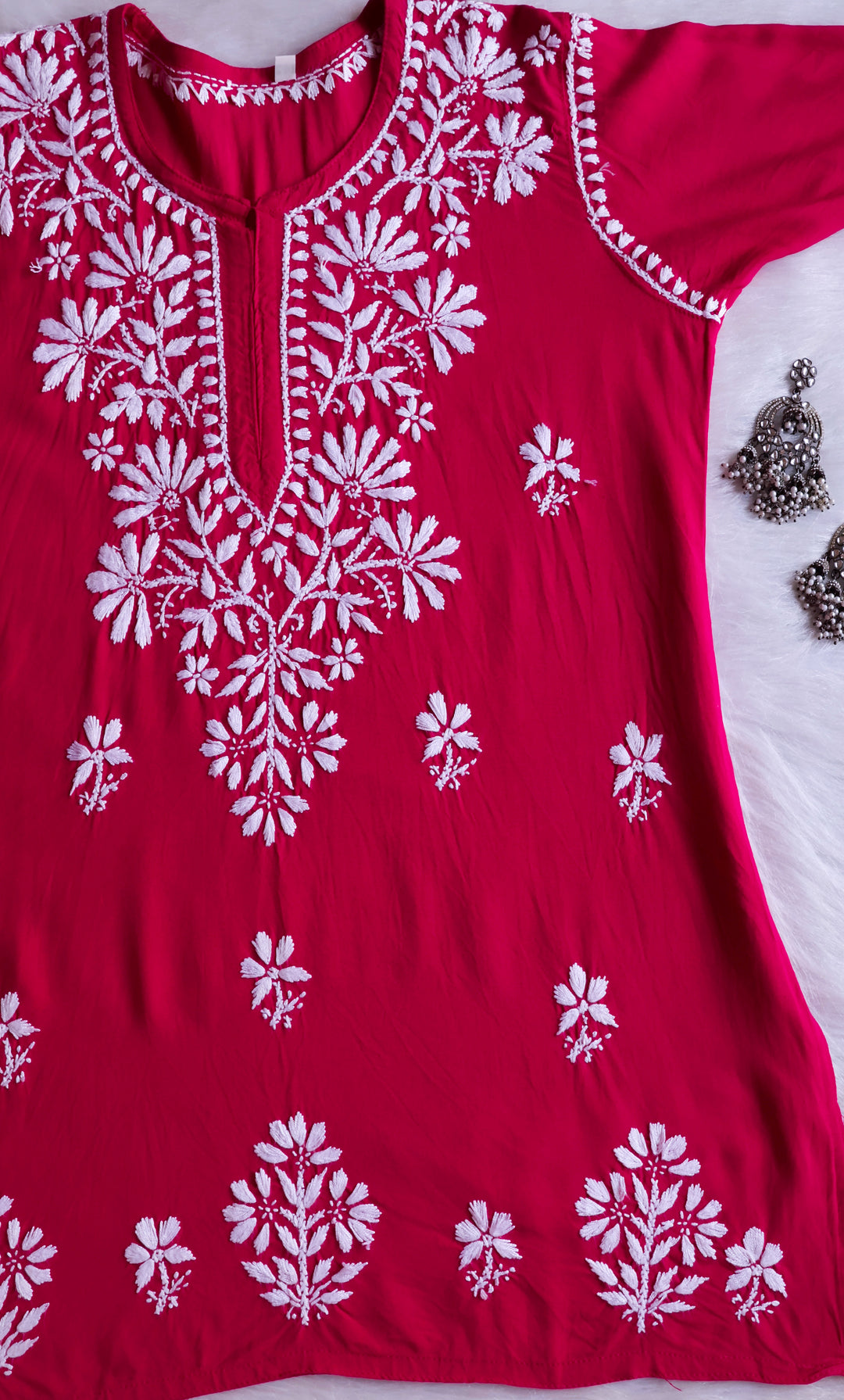 Aayat Deep Pink Short Rayon Kurta - Noor Chikankari
