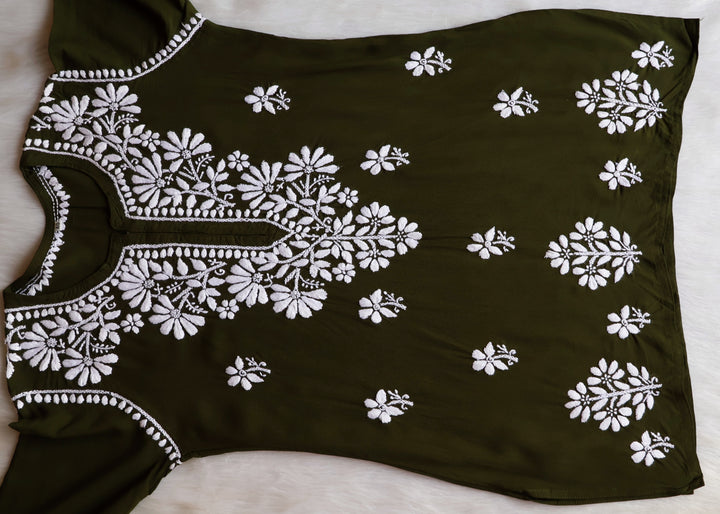 Aayat Olive Green Short Rayon Kurta - Noor Chikankari