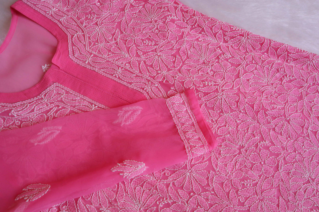 Nazish Hot Pink & White Long Georgette kurta