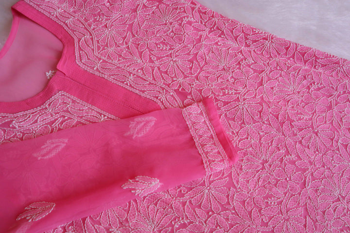 Nazish Hot Pink & White Long Georgette kurta