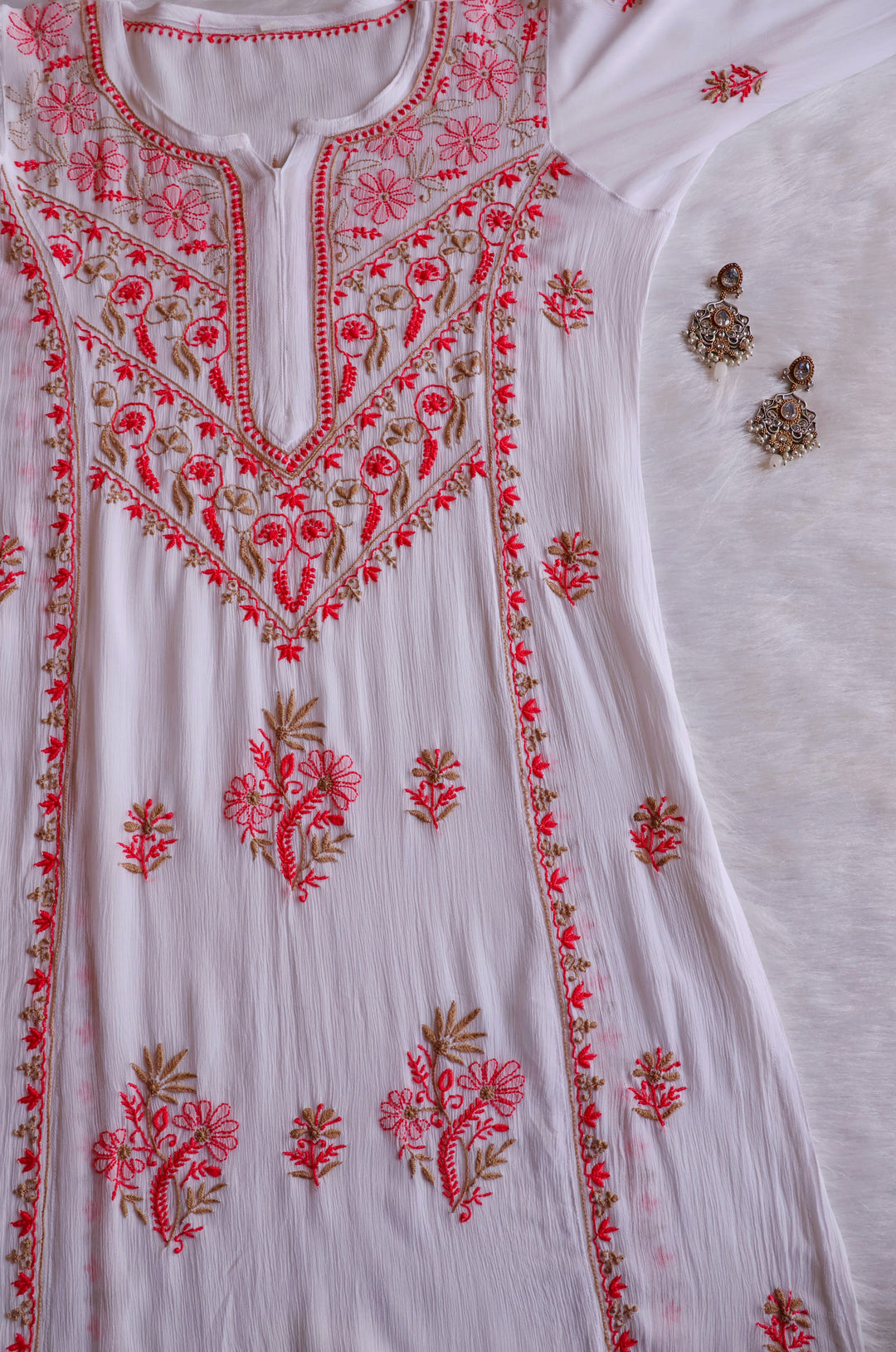 Hoorain White, Peach & Beige Pure Chiffon Kurta