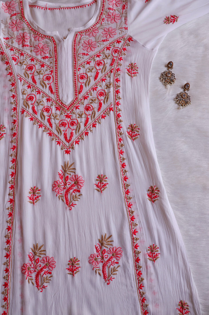 Hoorain White, Peach & Beige Pure Chiffon Kurta