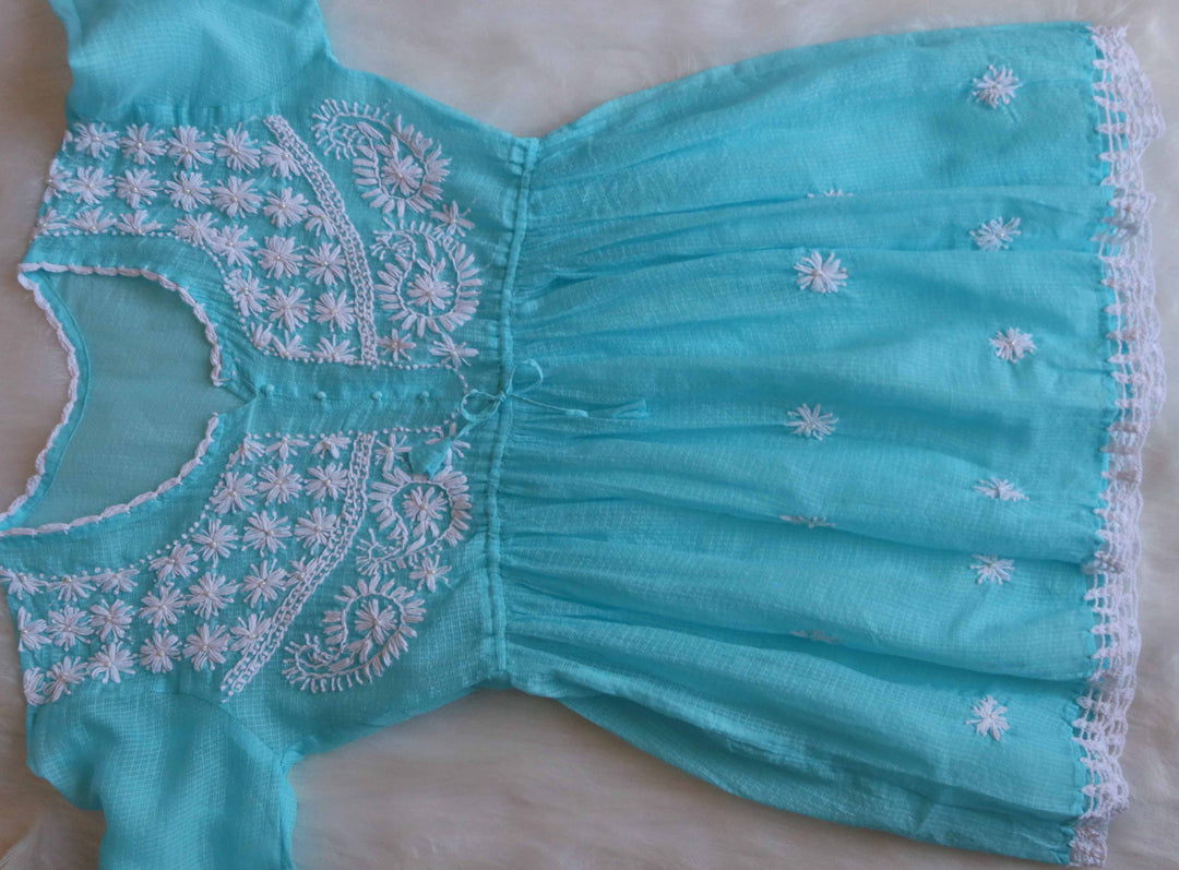 Daania Sky Blue & White Kota Pearl short Frock
