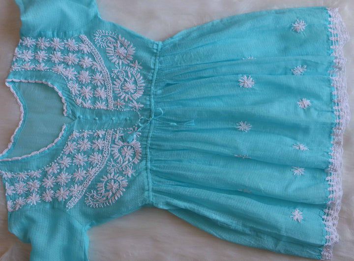 Daania Sky Blue & White Kota Pearl short Frock