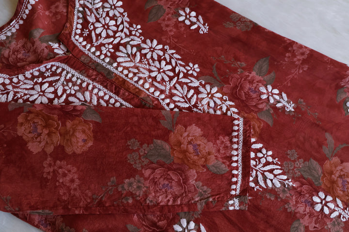 Dahlia Brick Red Floral Long MulMul kurta