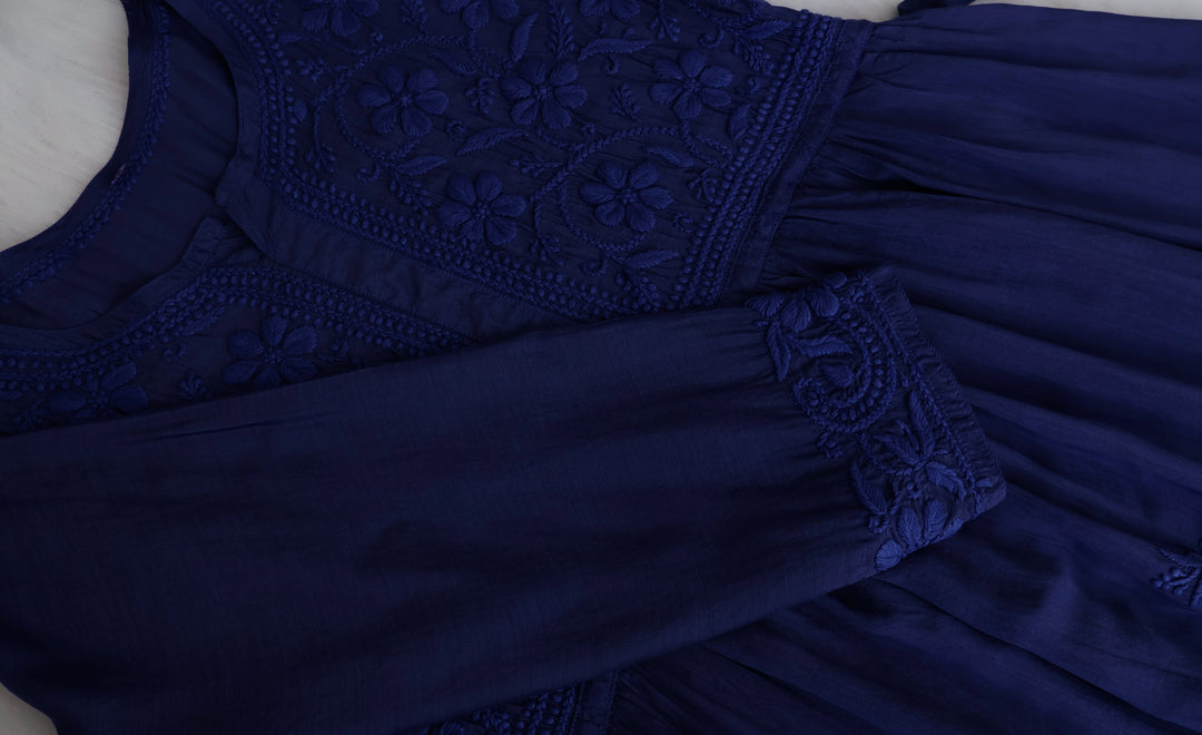 Aafiyat Pure Muslin Royal Blue Chikankari Fit and Flare dress