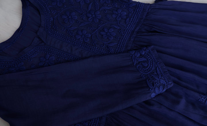 Aafiyat Pure Muslin Royal Blue Chikankari Fit and Flare dress